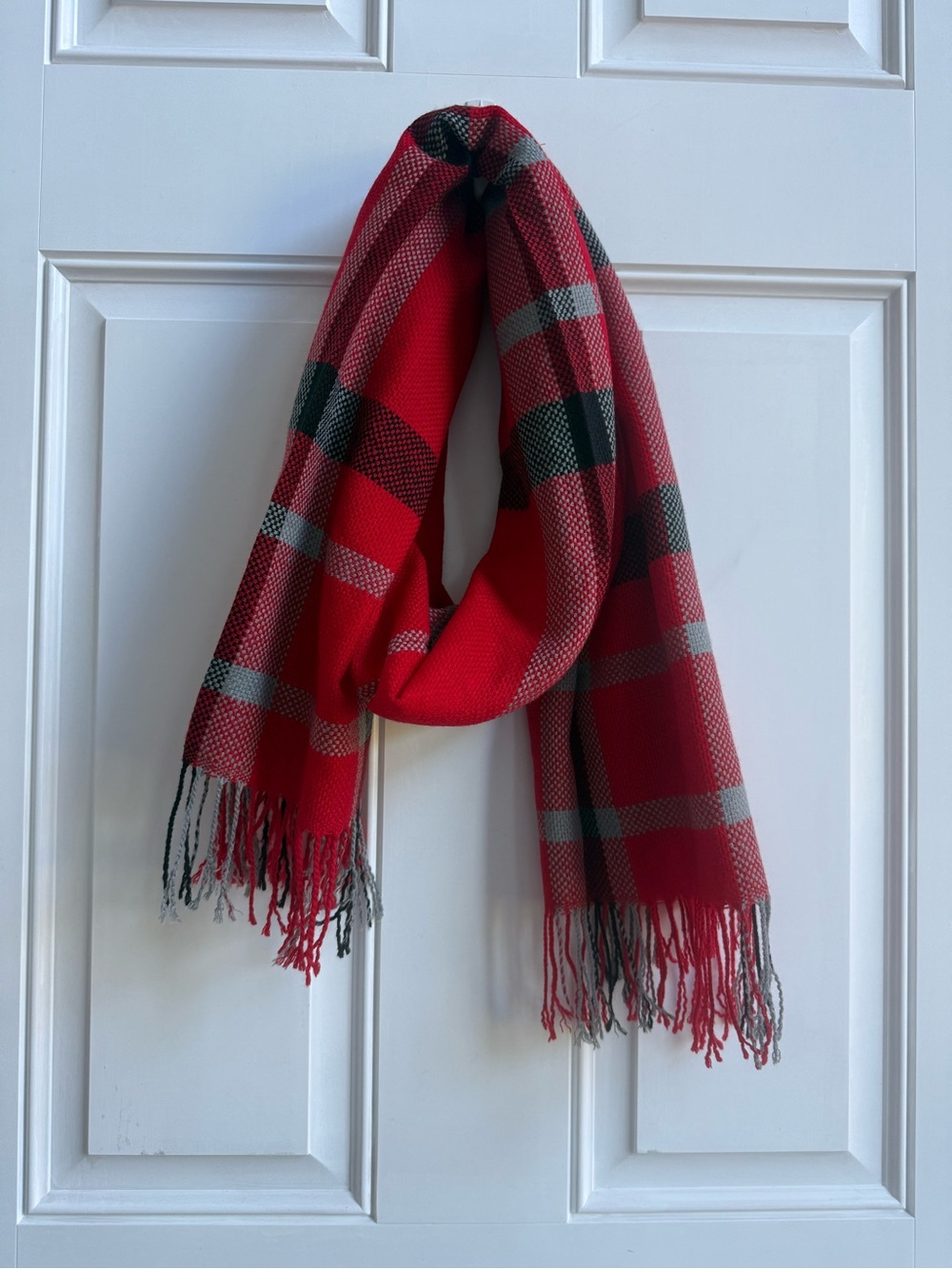 100% Pashmina Wool Oversized Red Tartan Plaid Fringe Scarf Blanket Wrap